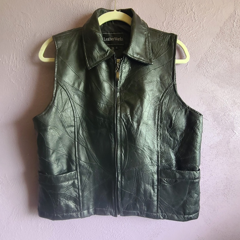 Leather Works Vest Mens Small Black Vintage Patchwork Zip Up Collared Biker Moto